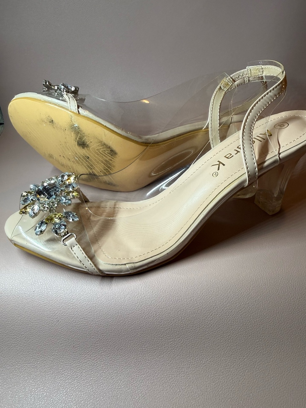 Allegra K Clear Rhinestone Slingback Block Heel Sandals Size 9 💛 - Picture 8 of 10